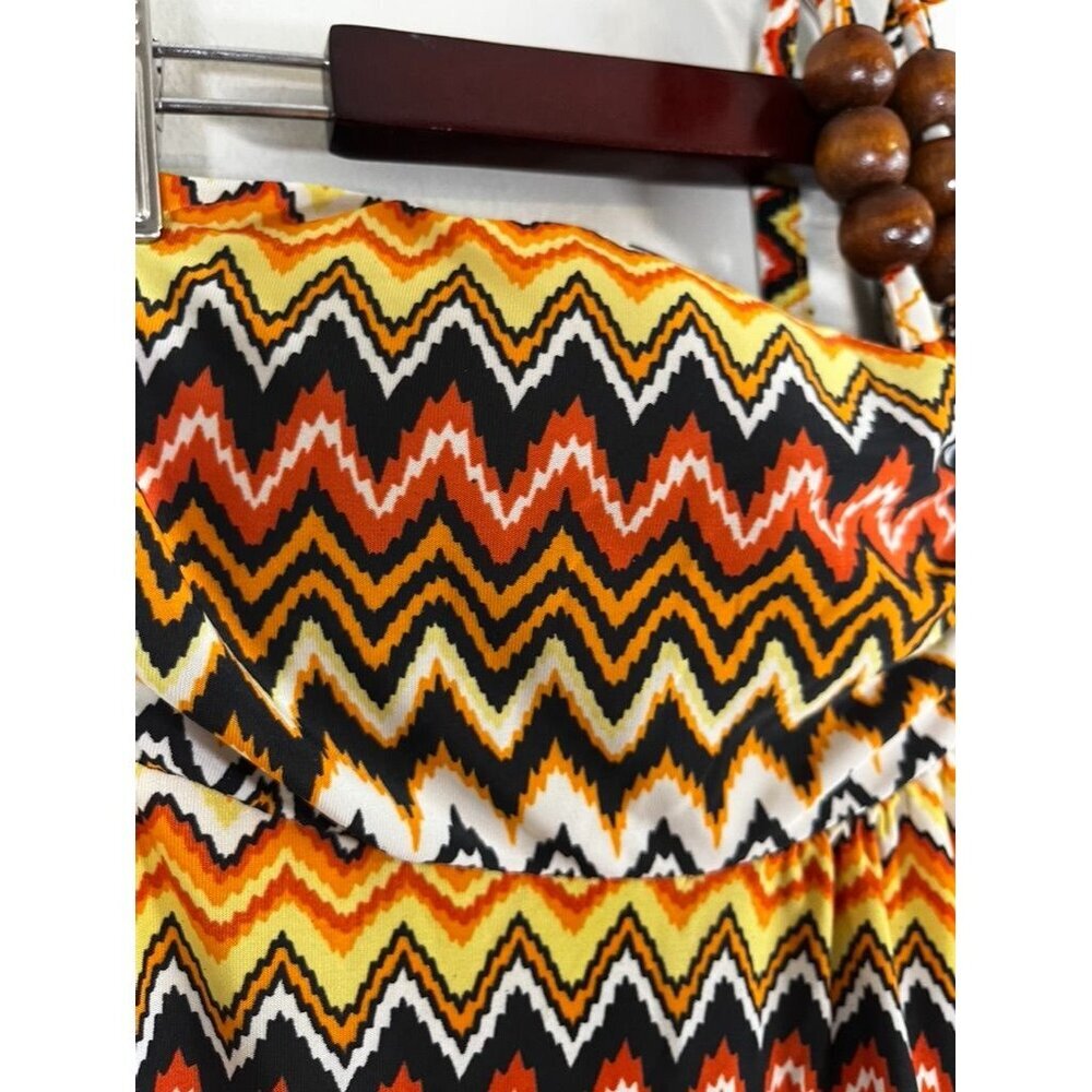 Retro Chevron Halter Maxi Dress S Brown Aztec Boho Indie Folk Funky Western Chic - Picture 4 of 9